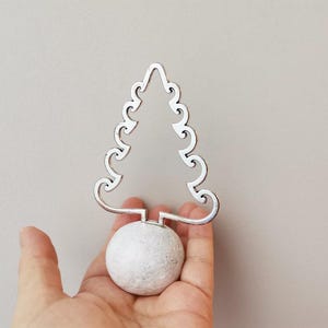 Silver tree sculpture, minimalist xmas tree on white stone, silver tree gift, xmas tree outline art object