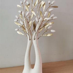 White olive tree, ceramic olive tree with brass olive branches, olive tree with split trunk and ceramic olives