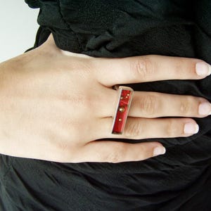 Ruby red rectangular ring, sterling silver and resin designer ring with gold nuggets, minimalist, avan garde, silver ring, cocktail ring image 2