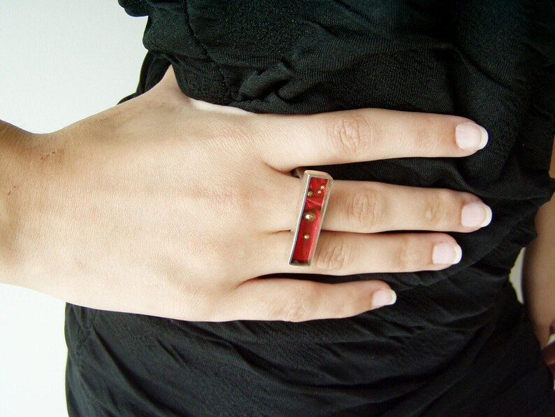 Ruby red rectangular ring, sterling silver and resin designer ring with gold nuggets, minimalist, avan garde, silver ring, cocktail ring image 2
