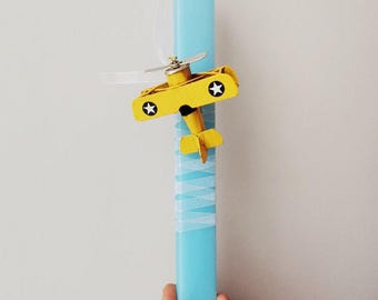 Greek easter candle with yellow airoplane, light blue, easter candle for boys with metal, aeroplane miniature, greek lambada for boys