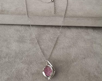 Silver pomegranate necklace, alloy  pomegranate pendant with pink seed stones, sterling silver chain thin pomegranate necklace