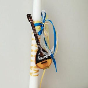 Greek easter candle with bouzouki miniature, white greek easter candle, decorated with a vintage bouzouki miniature, made to order