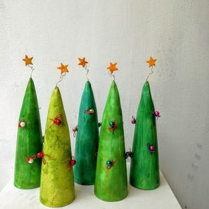 Christmas tree sculpture, green ceramic tree with baubles decor, cone shaped, xmas tree miniature in three green colours, minimal xmas tree