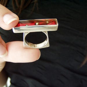 Ruby red rectangular ring, sterling silver and resin designer ring with gold nuggets, minimalist, avan garde, silver ring, cocktail ring image 3