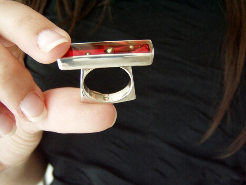 Ruby red rectangular ring, sterling silver and resin designer ring with gold nuggets, minimalist, avan garde, silver ring, cocktail ring image 3