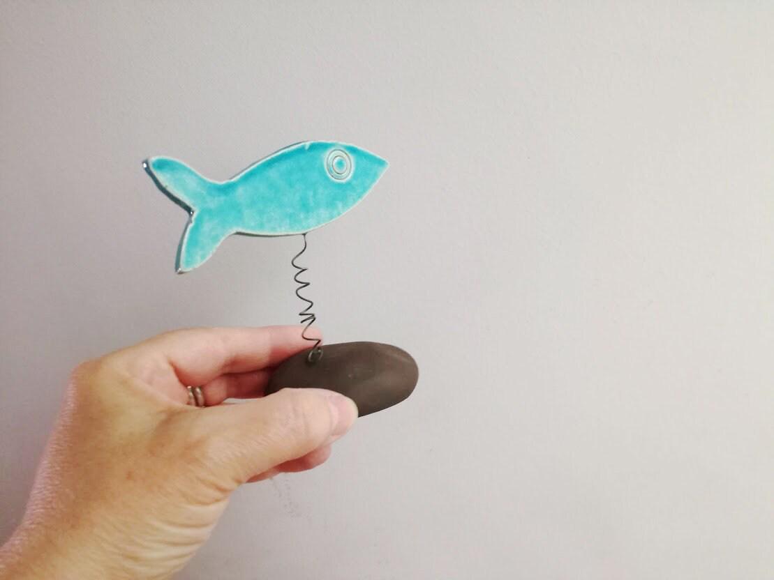 Blue Fish Figurine, Turquoise Blue, Porcelain Fishie on Black