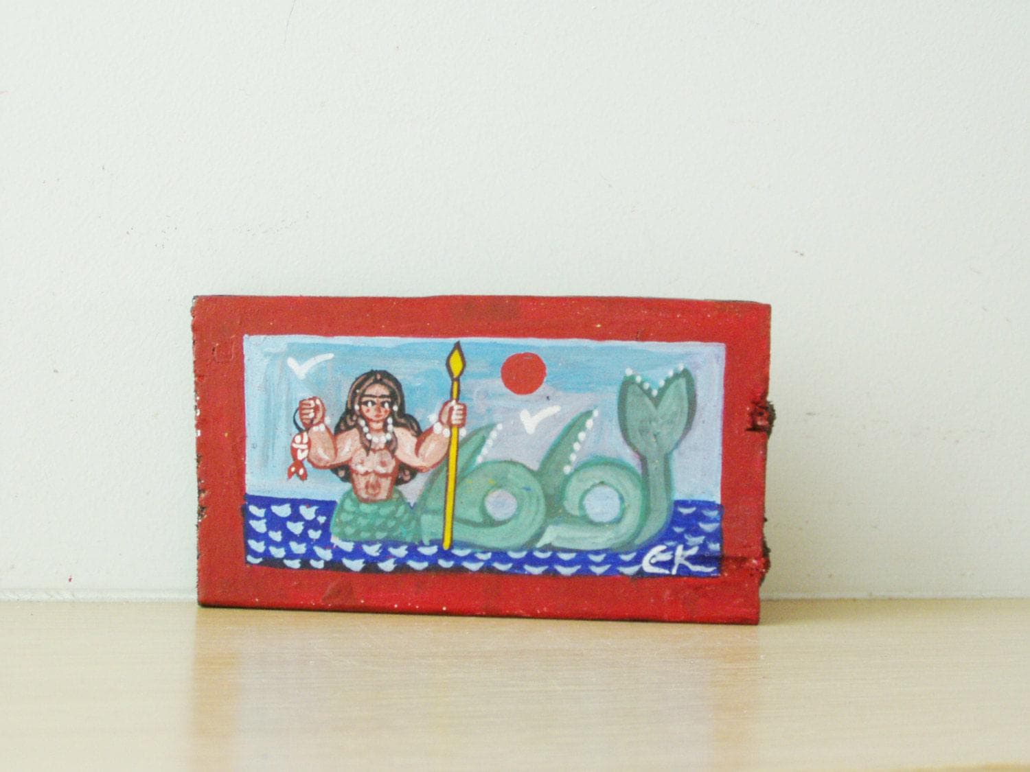 Pintura de sirena antigua, sirena de arte popular griego, pequeña pintura sobre madera recuperada, acrílico sobre madera, sirena de arte bruto, arte popular griego