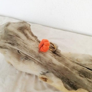Pumpkin fabric ring, orange pumpkin ring on alloy, golden band, adjustable boho ring, girls and teens pumpkin ring, hippie boho jewelry