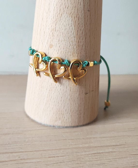 Gold Hearts Bracelet, Blue Cord Macrame Bracelet With Heart Charms