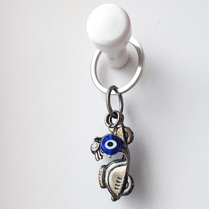 Silver scooter keychain, alloy bike charm with blue eye bead key ring, unisex key holder with scooter figure and blue eye