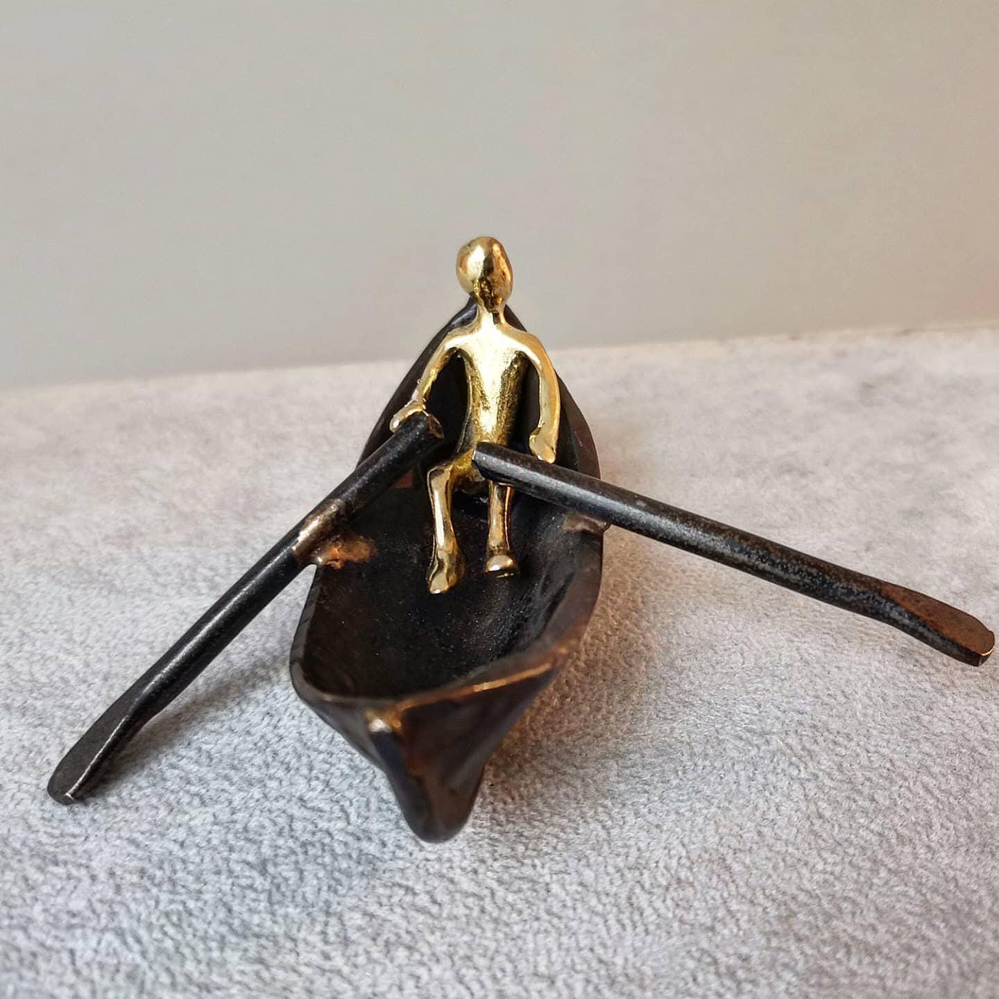 Brass Rowing Boat Sculpture, small boat figure with oarsman inside, brass and oxidised brass boat with sitting figure