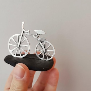 Silver bicycle sculpture, mini bike sculpture on black stone, alloy, silver plated, bike art object, bike miniature gift