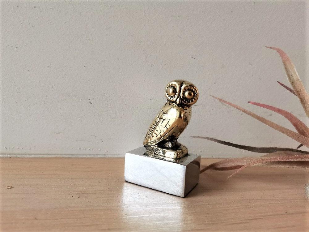 Brass owl sculpture, greek folk art sculpture of owl on aluminum base, museum copy, greek owl figuri