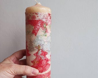 Xmas pillar candle, white red pillar candle with xmas decoupage and glitter, unique xmas candle gift
