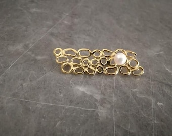 Rectangular gold brooch, irregular circles brooch with white pearl, sterling silver, modern brooch with gold plating with
