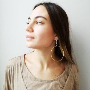 Gold hoop earrings, drop earrings with silver, gold plated hoops, large gold hoops, sterling gold plated hoops with silver hooks, boho hoops