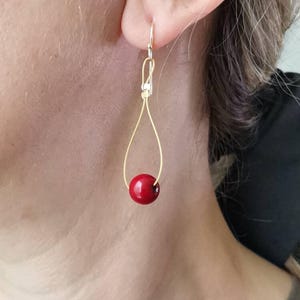 Dangle coral earrings, sterling gold plated and coral stone earrings, dangly teardrops with coral beads