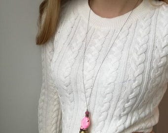 Pink stone necklace, pink howlite pendant with gold plated silver bead on steel wire, unique modern pink howlite necklace