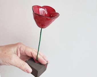 Ceramic red poppy, life size poppy flower figure, black clay poppy on black clay base, decorative poppy sculpture