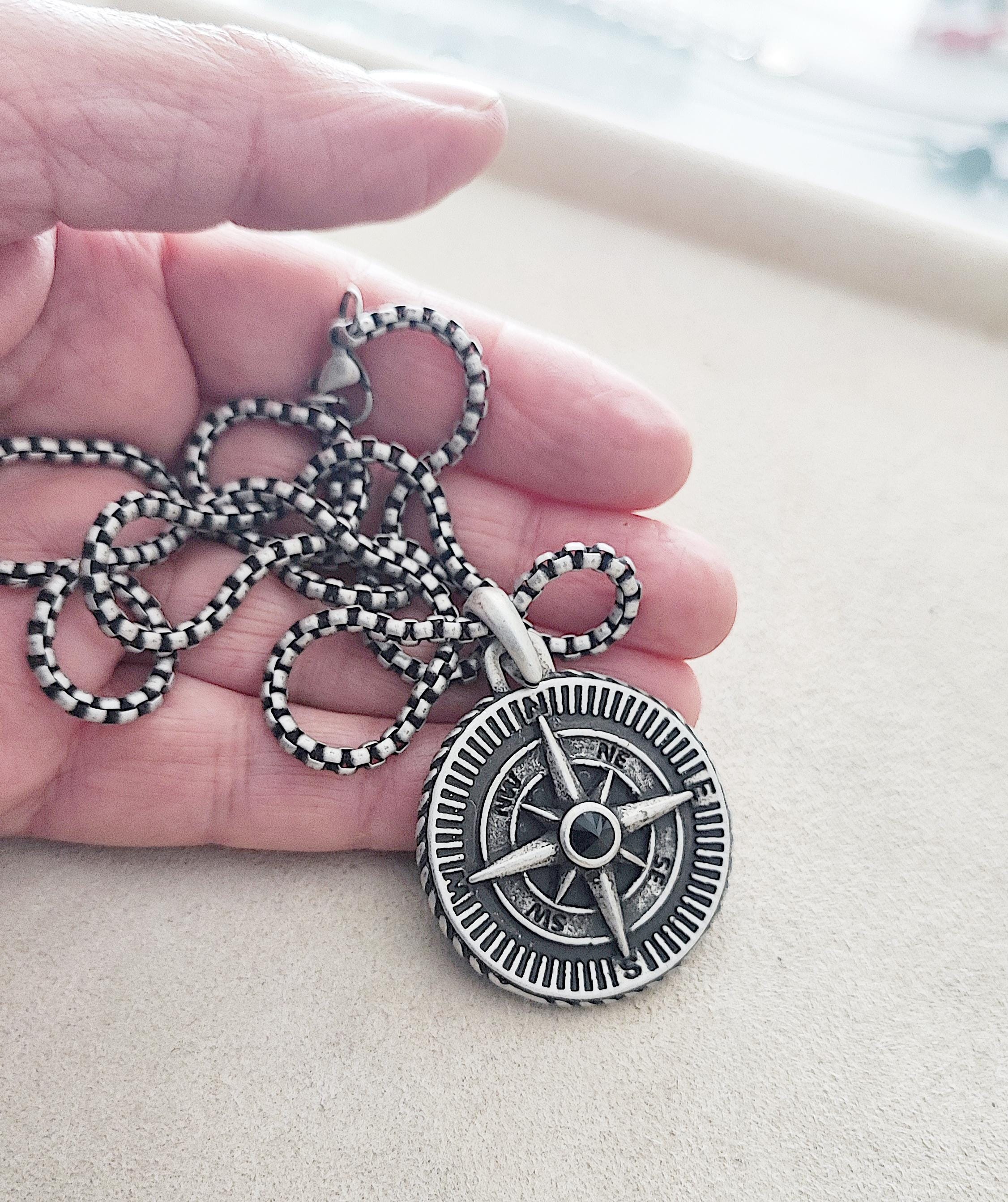 OHAYOO Collana Uomo Con Ciondolo Bussola E Luna Stella – Argento Sterling 925, Gioiello Vichingo