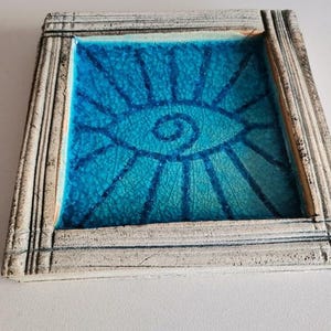 Piatto con occhio blu, piatto quadrato in gres con sole-occhio turchese, piatto con anello con occhio grigio blu fatto a mano