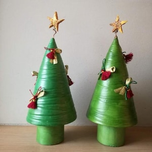 Christmas tree sculpture, green ceramic tree with ornaments, cone shaped, xmas tree miniature in two colour versions, minimalist xmas tree