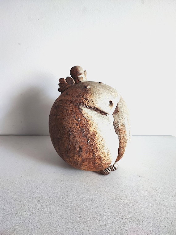 Primitive Figure Sculpture, Stoneware Clay, Brown White, Woman