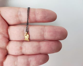 Tiny fish necklace, 18k solid gold fish pendant on a oxidised, silver chain, tiny fish gold necklace, modern fish cute necklace