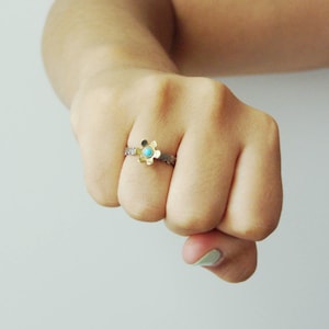 Gold flower ring, gold flower with turquoise stone, 18k gold and silver, girls and children tiny flower ring