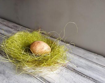 May include: A single brown egg nestled in a bed of green and white shredded paper, resembling a bird's nest.