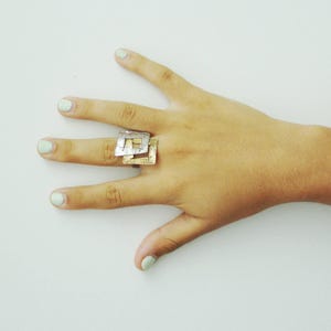 Double squares ring, gold and silver square ring, sterling silver and gold plated, overlapping squares adjustbable ring
