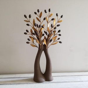 Olive tree sculpture, ceramic olive tree with brass branches, brown olive tree with split trunk and brown ceramic olives, unique handmade