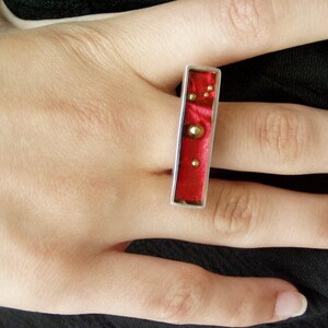 Ruby red rectangular ring, sterling silver and resin designer ring with gold nuggets, minimalist, avan garde, silver ring, cocktail ring image 5