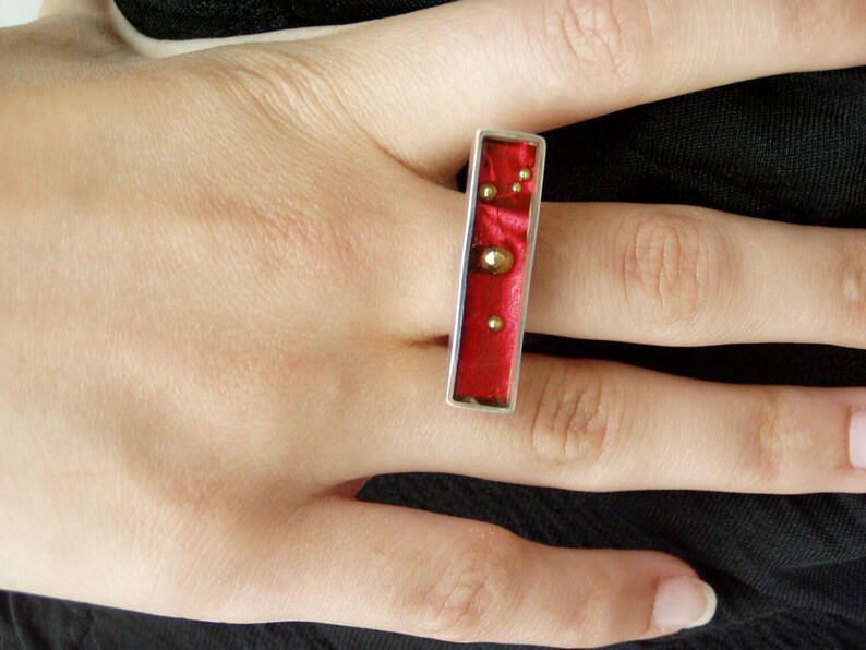Ruby red rectangular ring, sterling silver and resin designer ring with gold nuggets, minimalist, avan garde, silver ring, cocktail ring image 5