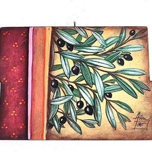 Olive branches painting, olives and olive branches wooden painting on two wooden boards, acrylic on wood, small painting of black olives