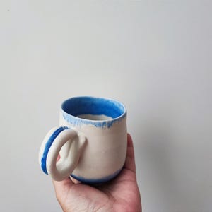Rustic coffee mug, stoneware clay, blue white mug, unique blue rim and handle, coffee or tea cup in white and denim blue