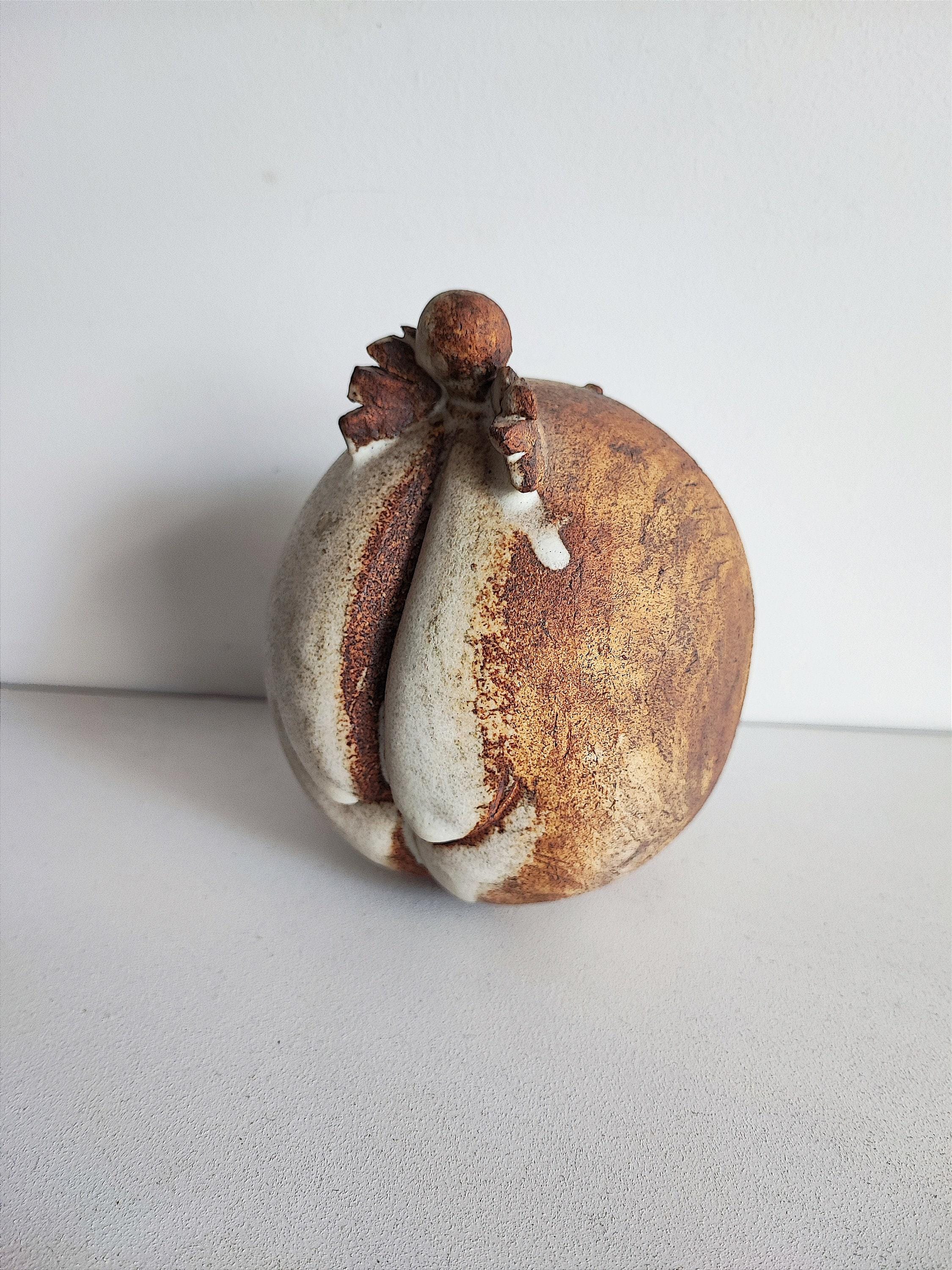 Primitive Figure Sculpture, Stoneware Clay, Brown White, Woman