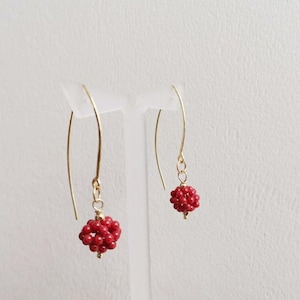 Long coral earrings, sterling gold plated and coral beads earrings, drop earrings of dangly coral ball on gold plated silver hooks
