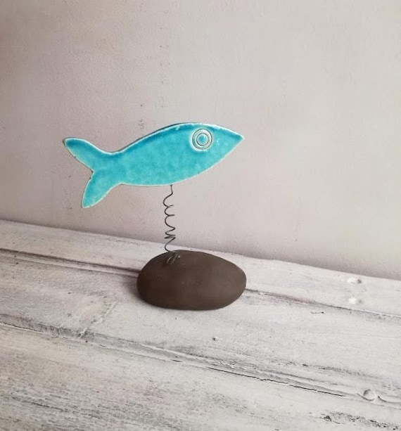 魚　置物　陶磁器 Blue Fish Figurine, Turquoise Blue, Porcelain Fishie on