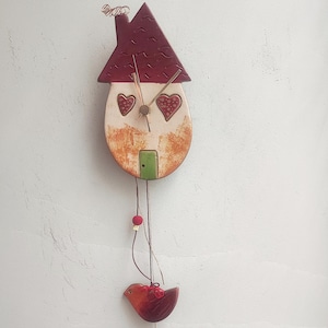 Fairy house clock, ceramic wall clock of fairy cottage, hand built earthenware clock with metal bird hanging