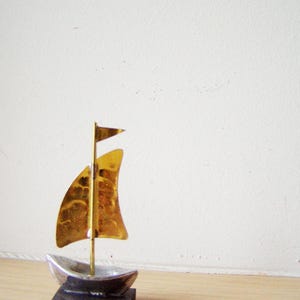 Sailboat sculpture, small silver gold sailboat with banner, greek folk art, metal sculpture, father&#39;s gift, mens gift, stocking stuffer