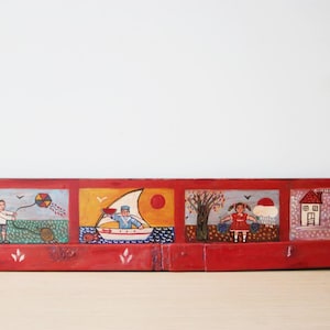 Four seasons painting, folk art painting of the four seasons, vintage, greek folk art on salvaged wood, children in four seasons themes