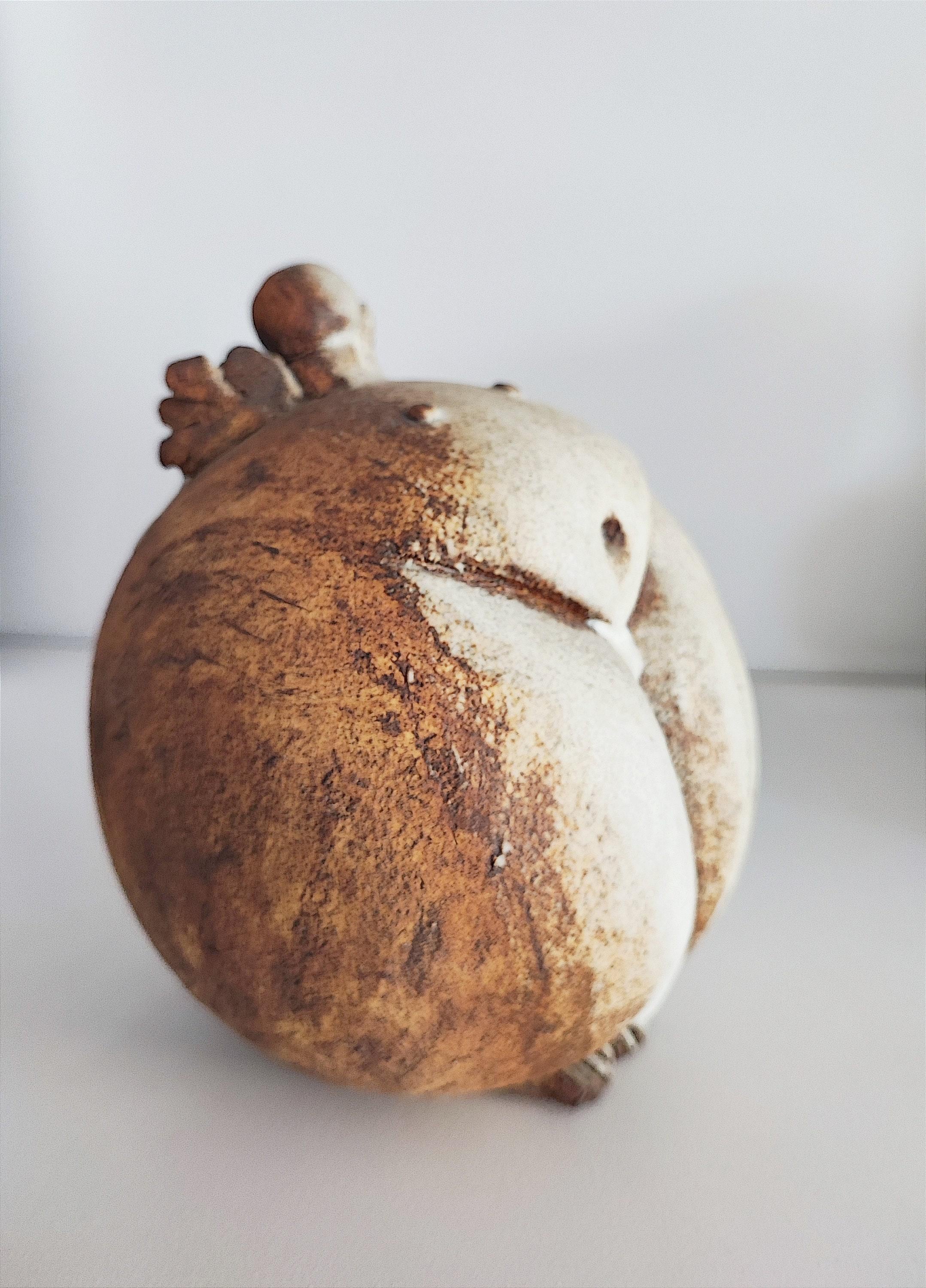 Primitive Figure Sculpture, Stoneware Clay, Brown White, Woman