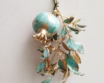Brass pomegranate sculpture, pomegranate branch art object, real pomegranate electroplated with brass, new year gold and green pomegranate