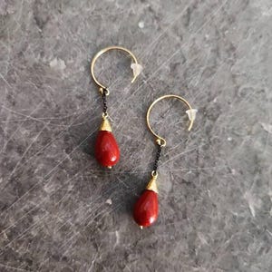 Drop coral earrings, silver  oxidised and gold plated with almond shaped, tomato red, coral stones