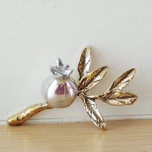 Pomegranate metal sculpture, small pomegranate twig in brass with aluminum pomegranate and brass leaves, silver pomegranate on gold twig