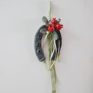 Ceramic horseshoe wall hanging, decorative, good luck horseshoe with pomegranates decor, black horseshoe with red pomegranates