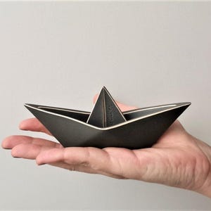 Ceramic paper boat, grey paper boat art object, good luck paper boat ornament, decorative ceramic boat