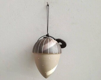 Ceramic acorn ornament, ceramic acorn sculpture, soft grey and brown acorn with tag, large ceramic acorn xmas ornament, acorn art object